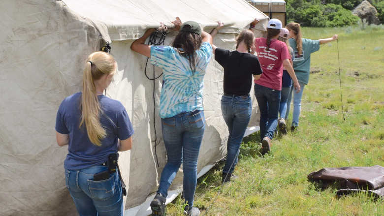 A group of young people working together to setup a tent.